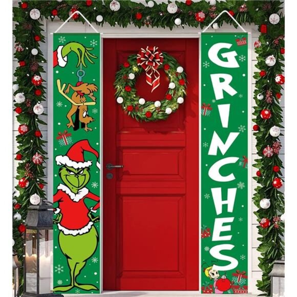 Grinches Christmas Banner, Xmas‎ Porch Door Sign for Indoor/Outdoor Decorations - Picture 7 of 8